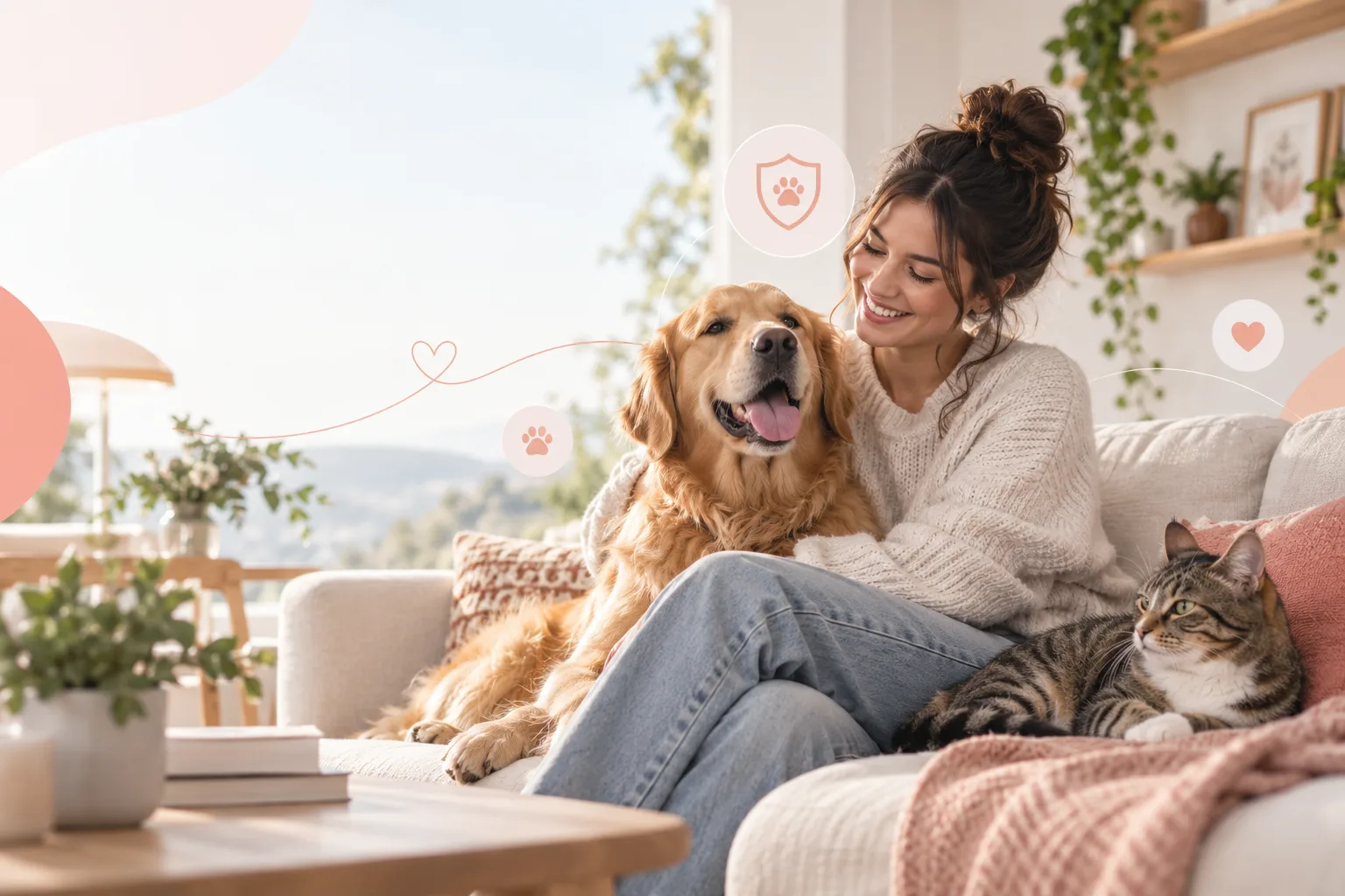 Owner with dog and tabby cat together on sofa